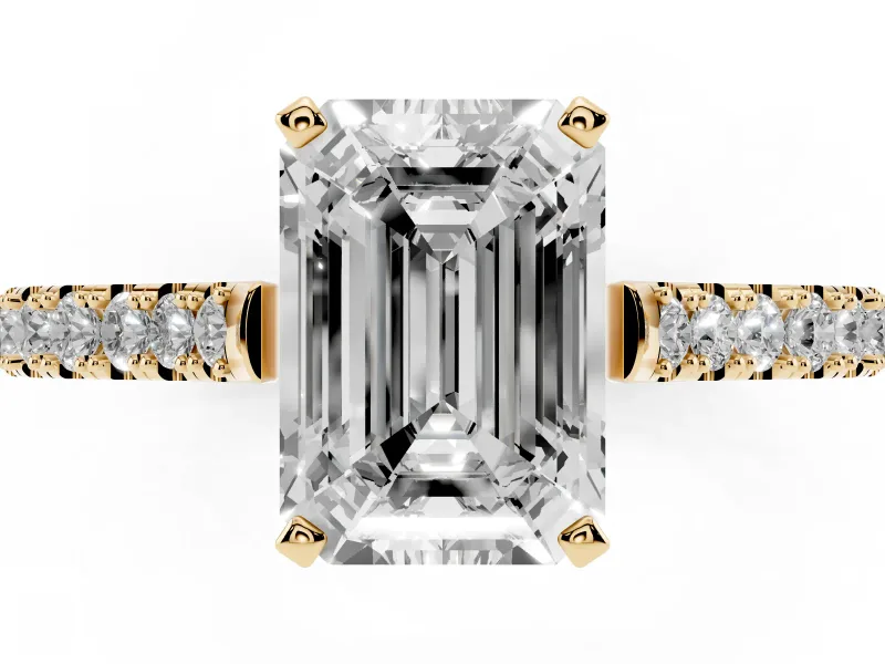Emerald Cut Pavé Solitaire Engagement Ring Setting | Single Row Shoulders | Yellow Gold