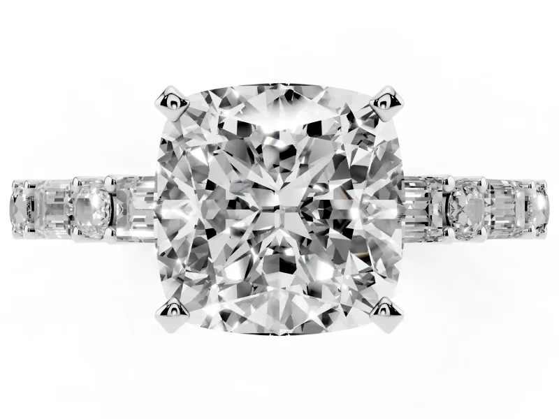 Cushion Cut Baguette Side Stone Engagement Ring Setting | Alternating Accents | White Gold