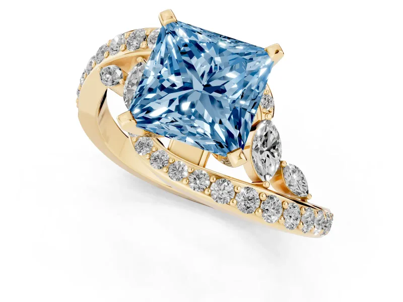Fancy Blue Princess Cut Diamond Solitaire Ring Set in Yellow gold with Pavé Twist Band and Secure Prong Setting