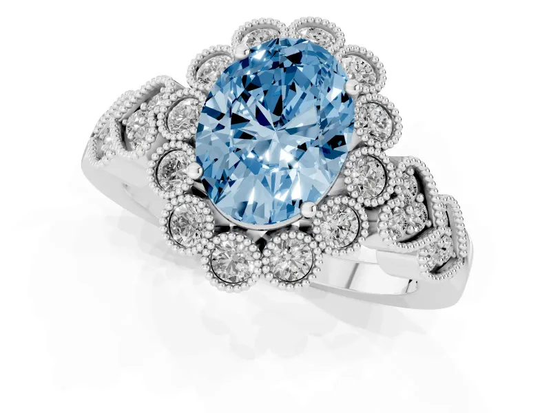 Oval Scalloped Halo Engagement Ring Setting for a Fancy Blue Lab-Grown Diamond | Heart Pavé Band | Platinum