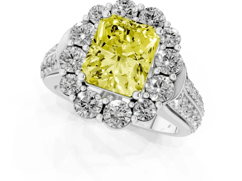 Fancy Yellow Radiant Cut Diamond Halo Engagement Ring Set in Silver with Split Shank and Prong Setting