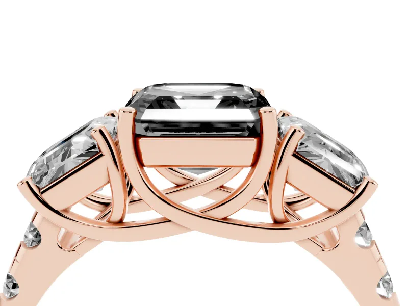 Asscher Cut Three Stone Engagement Ring Setting for a Black Center | Accented Shoulders | Rose Gold