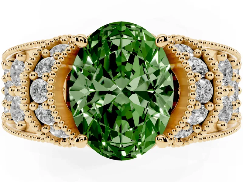 Oval Vintage Pave Engagement Ring Setting for a Fancy Green Lab-Grown Diamond | Milgrain Edges | Yellow Gold