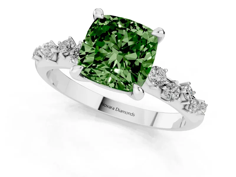 Fancy Green Cushion Cut Diamond Solitaire Vine Band Ring Set in White gold with Round Accents and Prong Setting