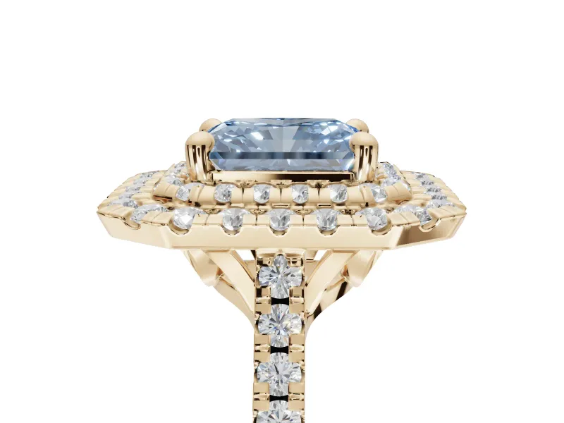 Radiant Cut Double Halo Engagement Ring Setting for a Fancy Blue Lab-Grown Diamond | Pave Shoulders | Yellow Gold
