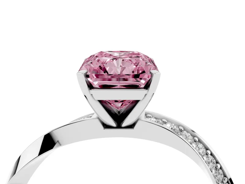 Fancy Pink Radiant Cut Diamond Engagement Ring Set in White gold with Side Stone Accents and Prong Setting