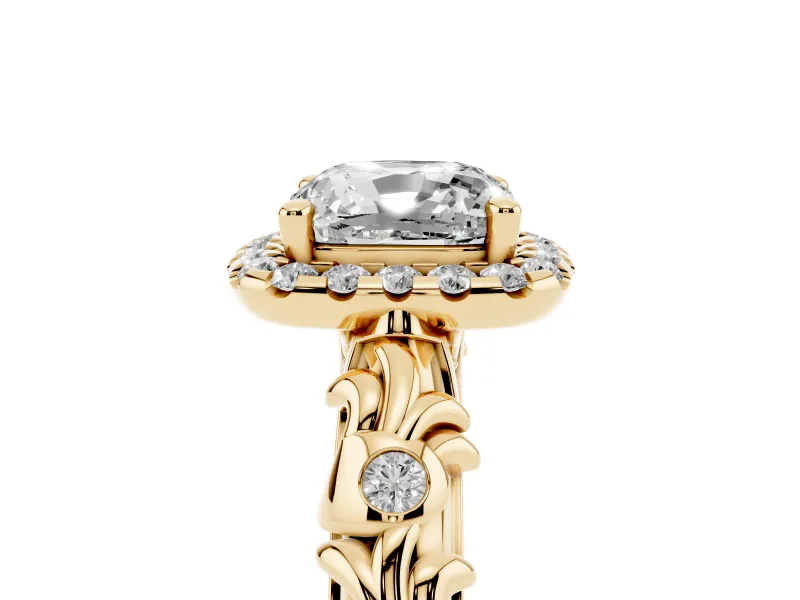 Cushion Cut Filigree Leaf Halo Engagement Ring Setting | Bezel Leaf Accents | Yellow Gold