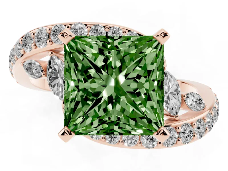 Fancy Green Princess Cut Diamond Solitaire Ring Set in Rose gold with Pavé Twist Band and Secure Prong Setting