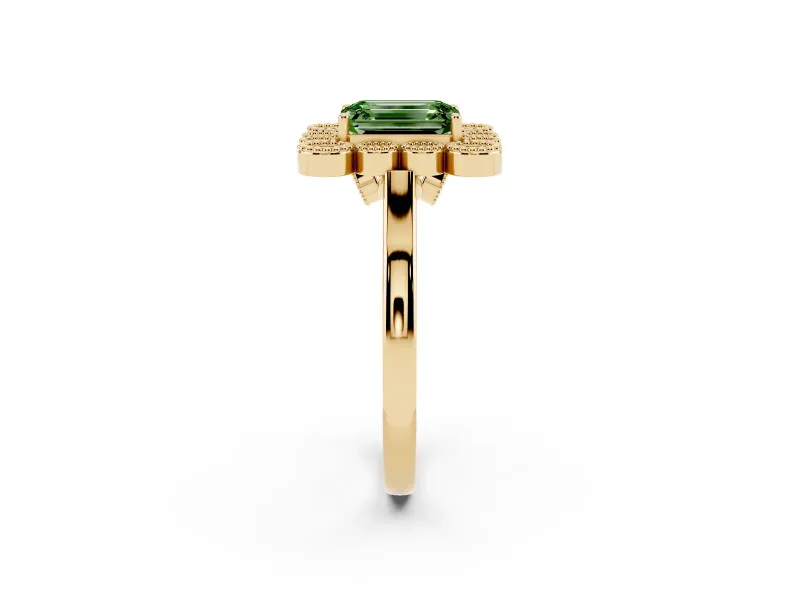 Emerald Cut Milgrain Cluster Halo Engagement Ring Setting for a Fancy Green Lab-Grown Diamond | Plain Band | Yellow Gold