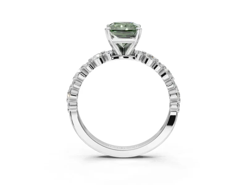 Radiant Cut Pavé Engagement Ring Setting for a Fancy Green Lab-Grown Diamond | Alternating Accents | White Gold