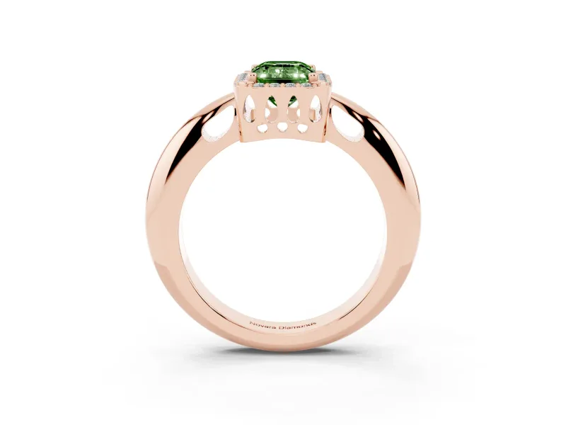 Fancy Green Emerald Cut Diamond Halo Engagement Ring Set in Rose gold with Plain Split Shank and Prong Setting