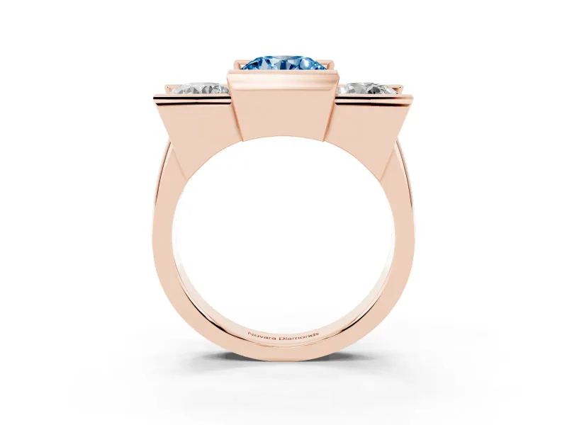 Fancy Blue Round Cut Diamond Three-Stone Channel Set Ring Set in Rose gold with Smooth Polished Band