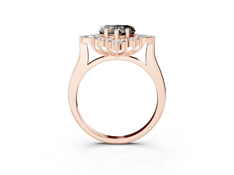 Fancy Black Heart Cut Diamond Cluster Halo Ring Set in Rose gold with Marquise and Round Accents