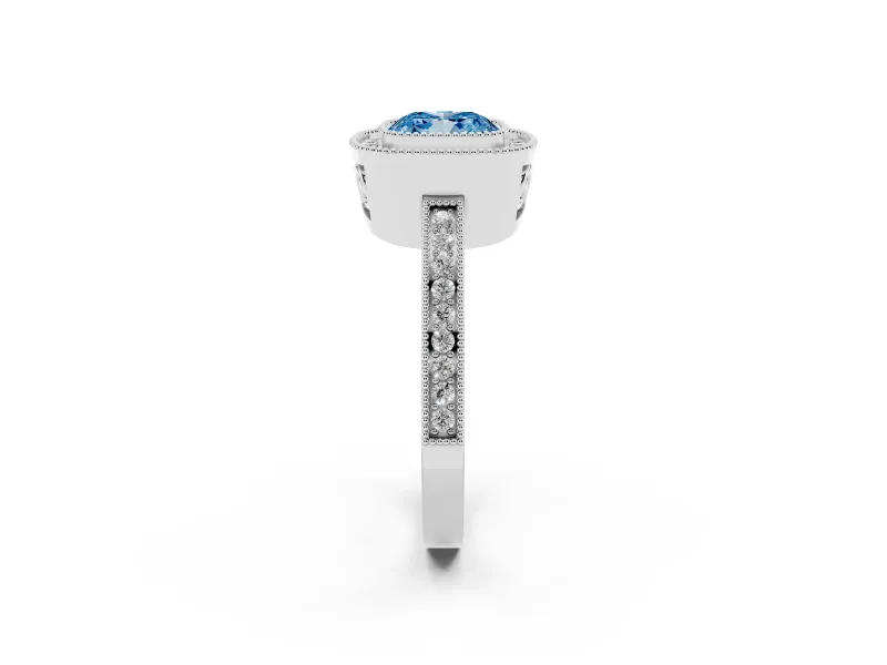 Fancy Blue Cushion Cut Diamond Halo Ring Set in White gold with Pavé Band and Milgrain-Edged Prongs