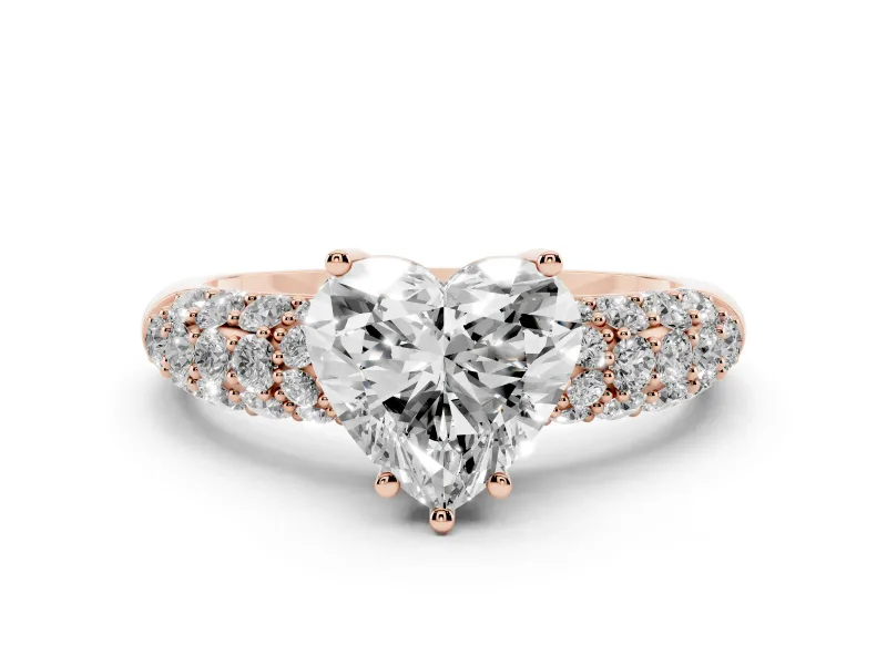 Heart Cut Diamond Pavé Band Solitaire Ring Set in Rose gold with Close-Set Accent Stones and Prong Setting