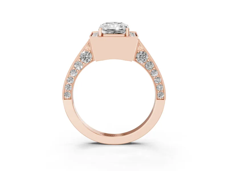 Radiant Cut Vintage Milgrain Halo Engagement Ring Setting | Side Stones and Pave | Rose Gold