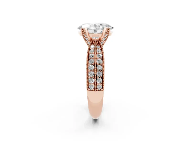 Oval Cut Diamond Solitaire Ring Set in Rose gold with Milgrain Double Row Round Pavé Band