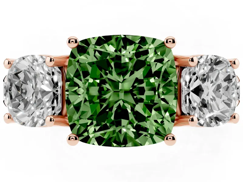 Fancy Green Cushion Cut Diamond Three-Stone Ring Set in Rose gold with Pavé Band