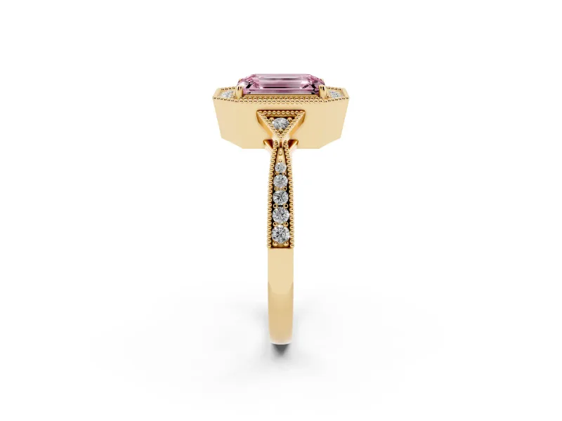 Fancy Pink Emerald Cut Diamond Halo Engagement Ring Set in Yellow gold with Milgrain Pavé Band