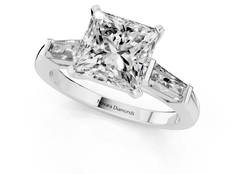 Princess Cut Diamond Solitaire Ring Set in Silver with Tapered Baguette Side Stones and Prong Setting