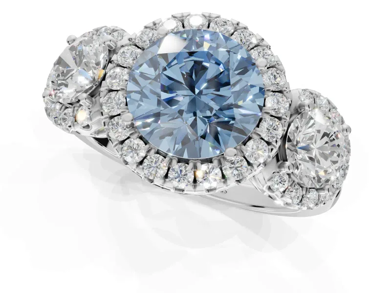 Round Three Stone Halo Engagement Ring Setting for a Fancy Blue Lab-Grown Diamond | Platinum