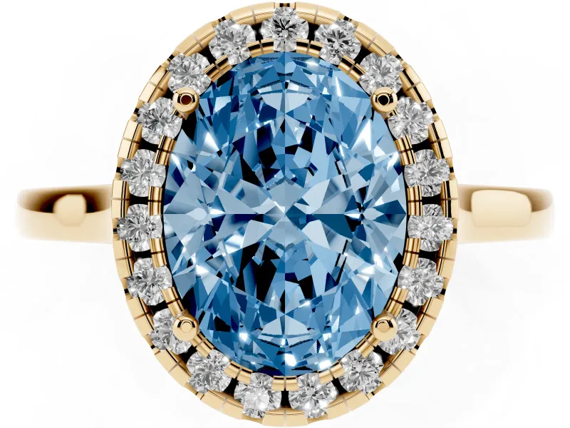 Fancy Blue Oval Cut Halo Round Diamond Solitaire Ring Set in Yellow gold with Pavé Band and Prong Setting