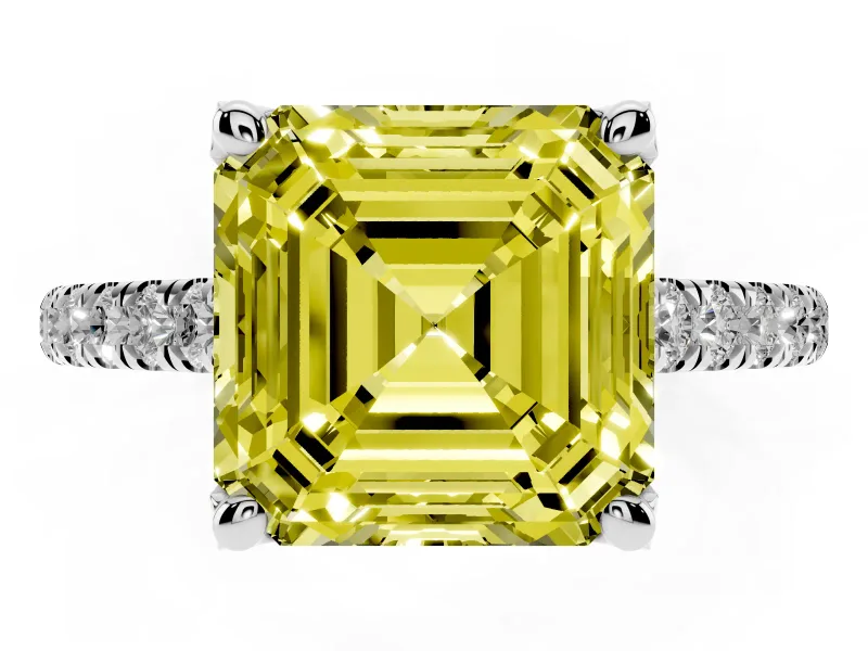 Asscher Cut Hidden Halo Pave Engagement Ring Setting for a Fancy Yellow Lab-Grown Diamond | Claw Prongs | White Gold
