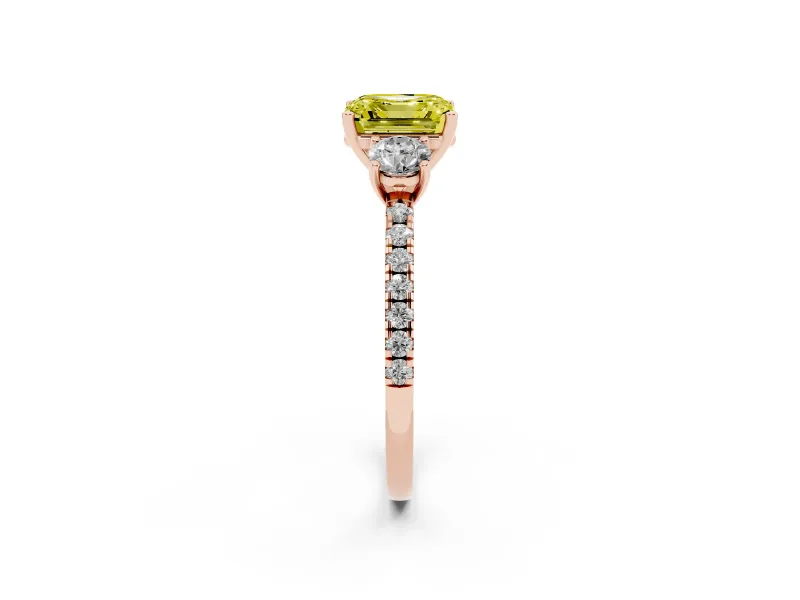 Asscher Cut Three Stone Engagement Ring Setting for a Fancy Yellow Lab-Grown Diamond | Pave Shoulders | Rose Gold