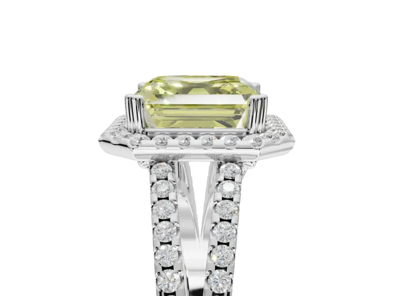 Asscher Cut Halo Split Shank Engagement Ring Setting for a Fancy Yellow Lab-Grown Diamond | Pavé Shoulders | White Gold