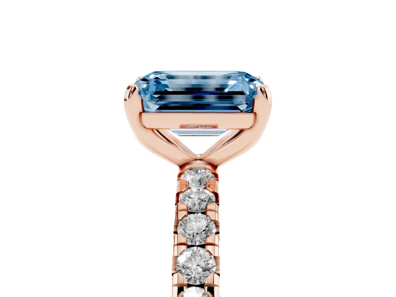 Fancy Blue Emerald Cut Diamond Pavé Solitaire Ring Set in Rose gold with Round Band and Prong Setting