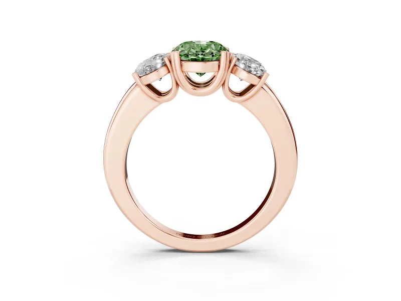 Oval Three Stone Engagement Ring Setting for a Fancy Green Lab-Grown Diamond | Double Claw Head | Rose Gold