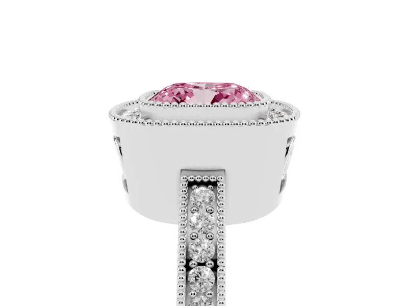 Fancy Pink Cushion Cut Diamond Halo Ring Set in Platinum with Pavé Band and Milgrain-Edged Prongs