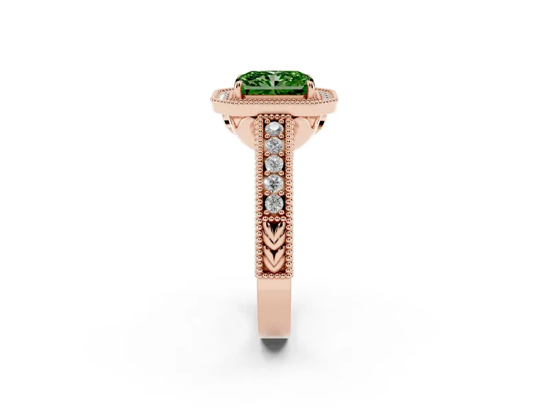 Fancy Green Radiant Cut Diamond Halo Ring Set in Rose gold with Round Accent Halo, Pavé Band and Prong Setting