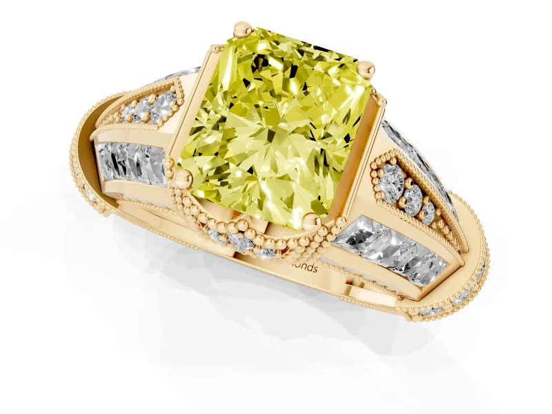 Radiant Cut Vintage Milgrain Engagement Ring Setting for a Fancy Yellow Lab-Grown Diamond | Hidden Halo | Yellow Gold