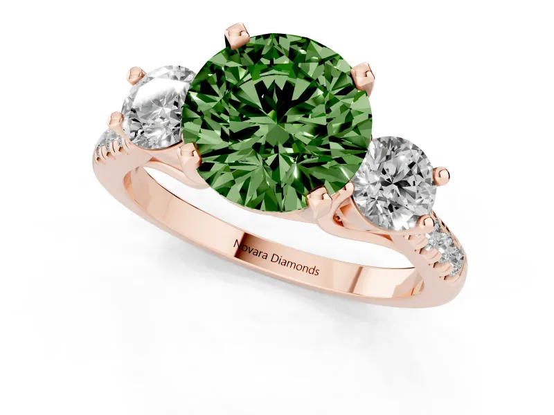 Fancy Green Three-Stone Round Cut Diamond Pavé Band Ring Set in Rose gold with Prong-Set Trio