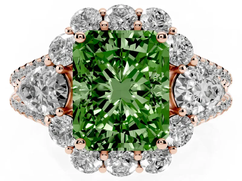 Radiant Cut Scalloped Halo Engagement Ring Setting for a Fancy Green Lab-Grown Diamond | Pear Side Stones | Rose Gold