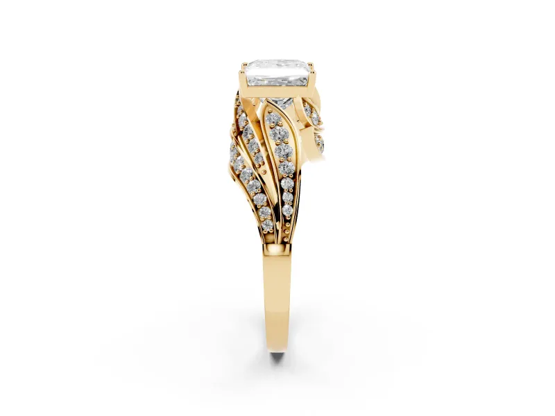 Princess Cut Diamond Solitaire Ring Set in Yellow gold with Layered Twist Pavé Band