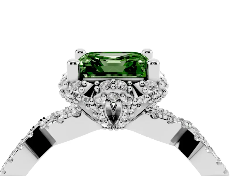 Fancy Green Asscher Cut Diamond Halo Twist Band Solitaire Ring Set in White gold with Prong-Set Center Stone