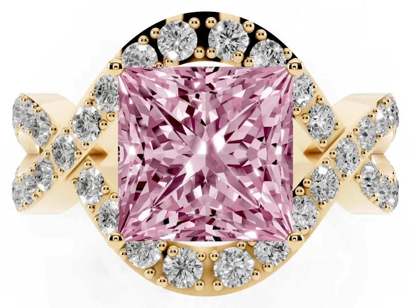 Fancy Pink Princess Cut Diamond Solitaire Twist Band Pavé Engagement Ring Set in Yellow gold