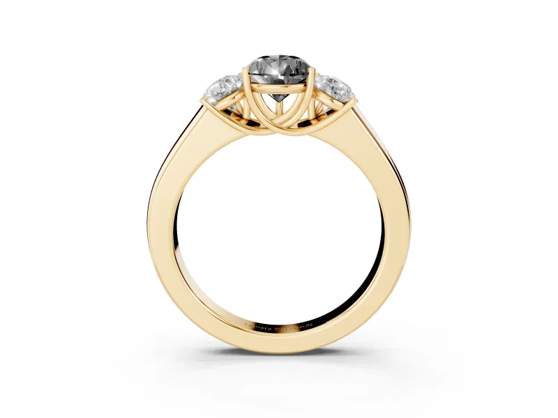 Fancy Black Three-Stone Pear Cut Diamond Ring Set in Yellow gold with Matching Prong Settings and Plain Band
