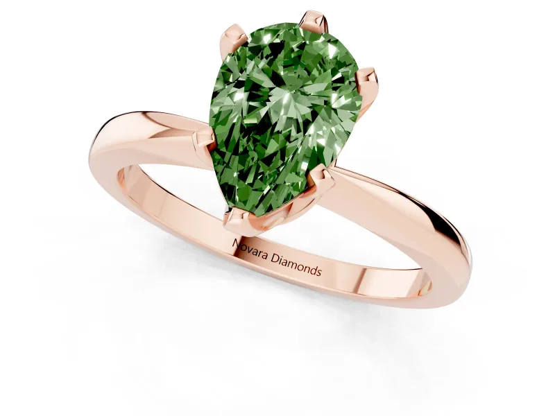 Fancy Green Pear Cut Diamond Solitaire Engagement Ring Set in Rose gold with Slim Tapered Solitaire Band
