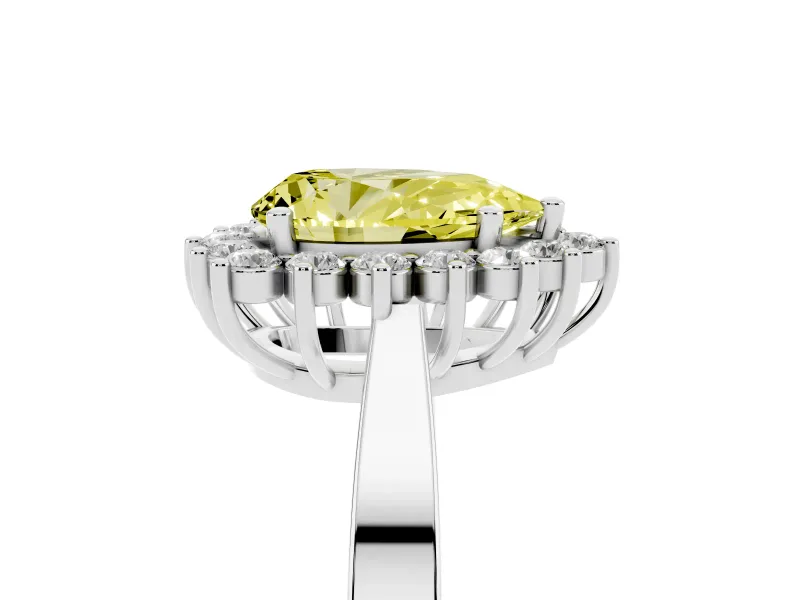 Fancy Yellow Pear Cut Diamond Halo Ring Set in White gold with Round Halo and Smooth Solitaire Band