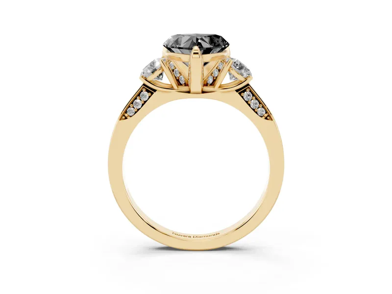 Heart-Shaped Hidden Halo Three Stone Engagement Ring Setting for a Black Center | Yellow Gold