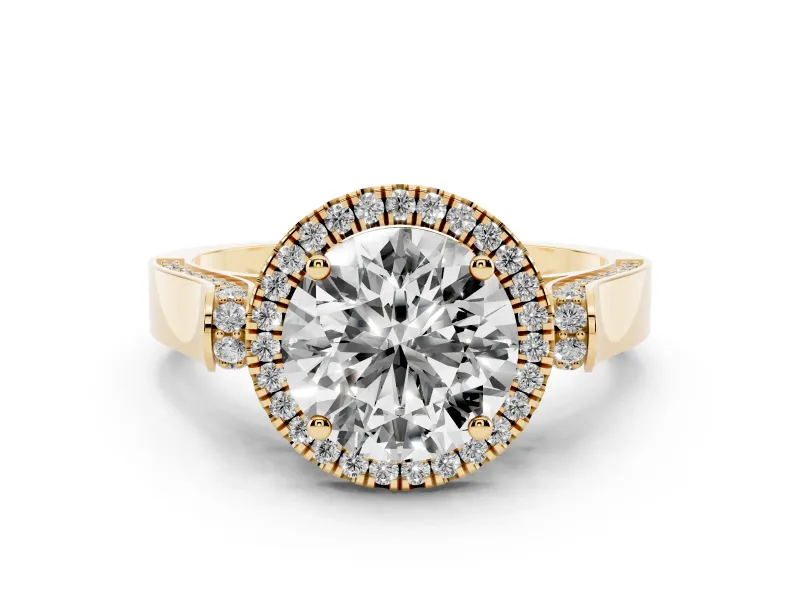 Round Cut Diamond Halo Ring Set in Yellow gold with Pavé-Lined Split Shank Band
