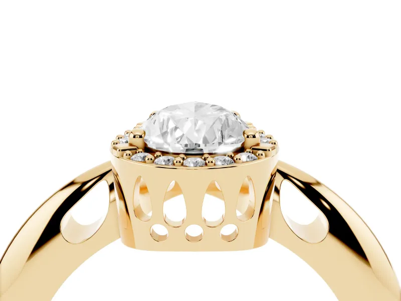 Pear Cut Diamond Halo Engagement Ring Set in Yellow gold with Plain Split Shank and Prong Setting