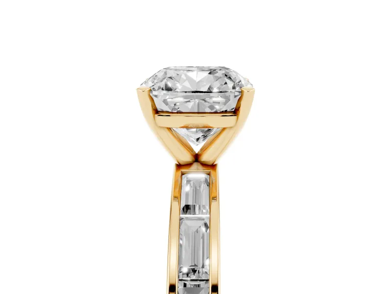 Cushion Cut Diamond Solitaire Ring Set in Yellow gold with Channel-Set Baguette Band and Prong Setting