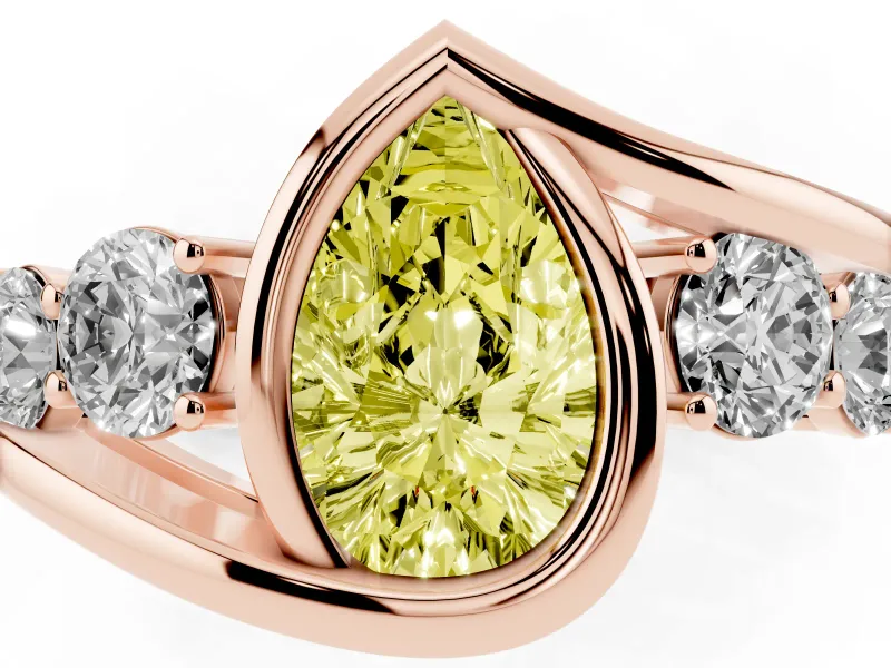Fancy Yellow Pear Cut Diamond Bezel Bypass Ring Set in Rose gold with Round Accents
