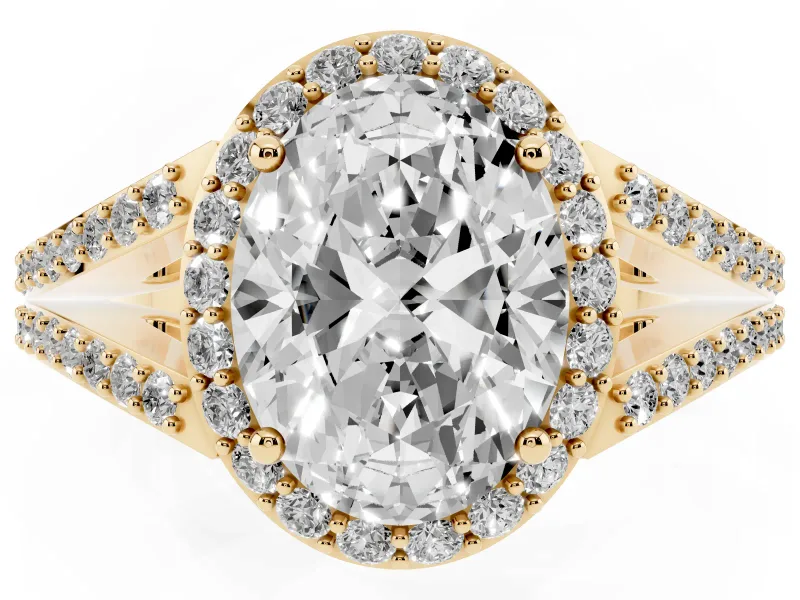 Oval Halo Engagement Ring Setting | V-Split Pavé Band | Yellow Gold