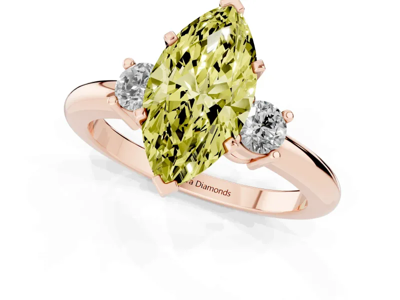 Fancy Yellow Three-Stone Marquise Cut Diamond Ring Set in Rose gold with Prong Setting and Plain Band