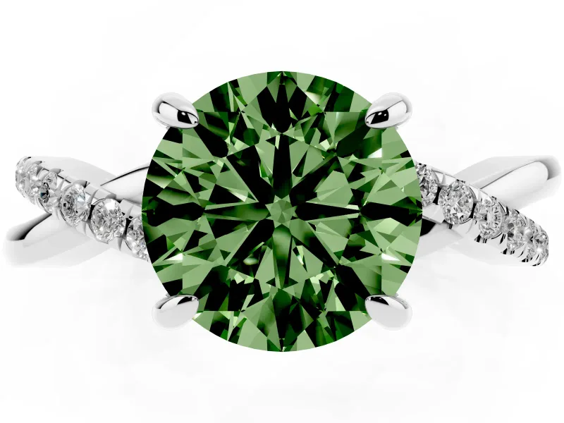 Fancy Green Round Cut Diamond Twist Band Solitaire Set in Silver with Pavé Accents and Prong Setting